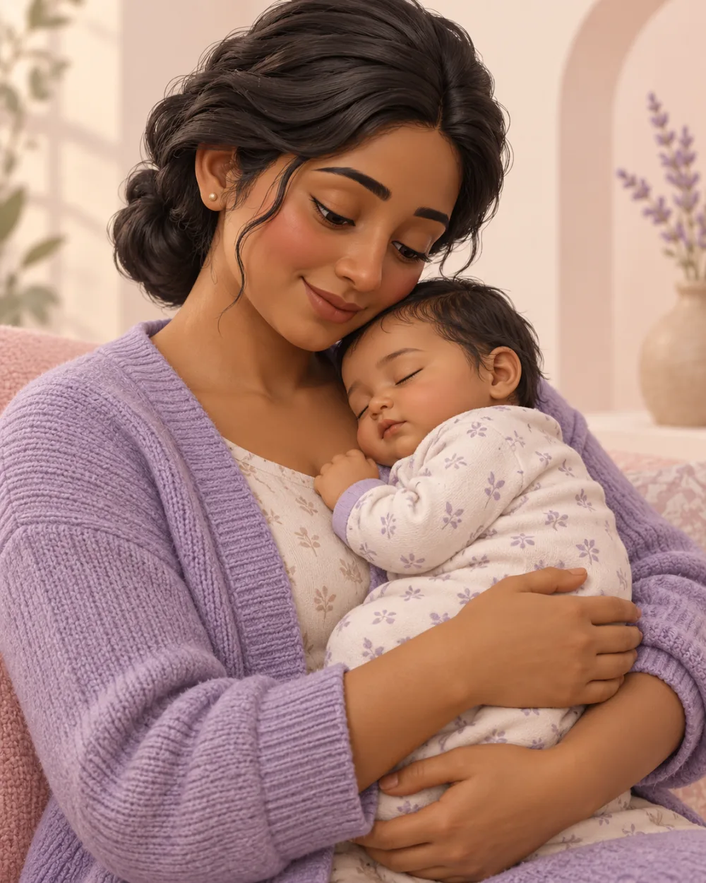 Illustration of a mother holding her sleeping baby